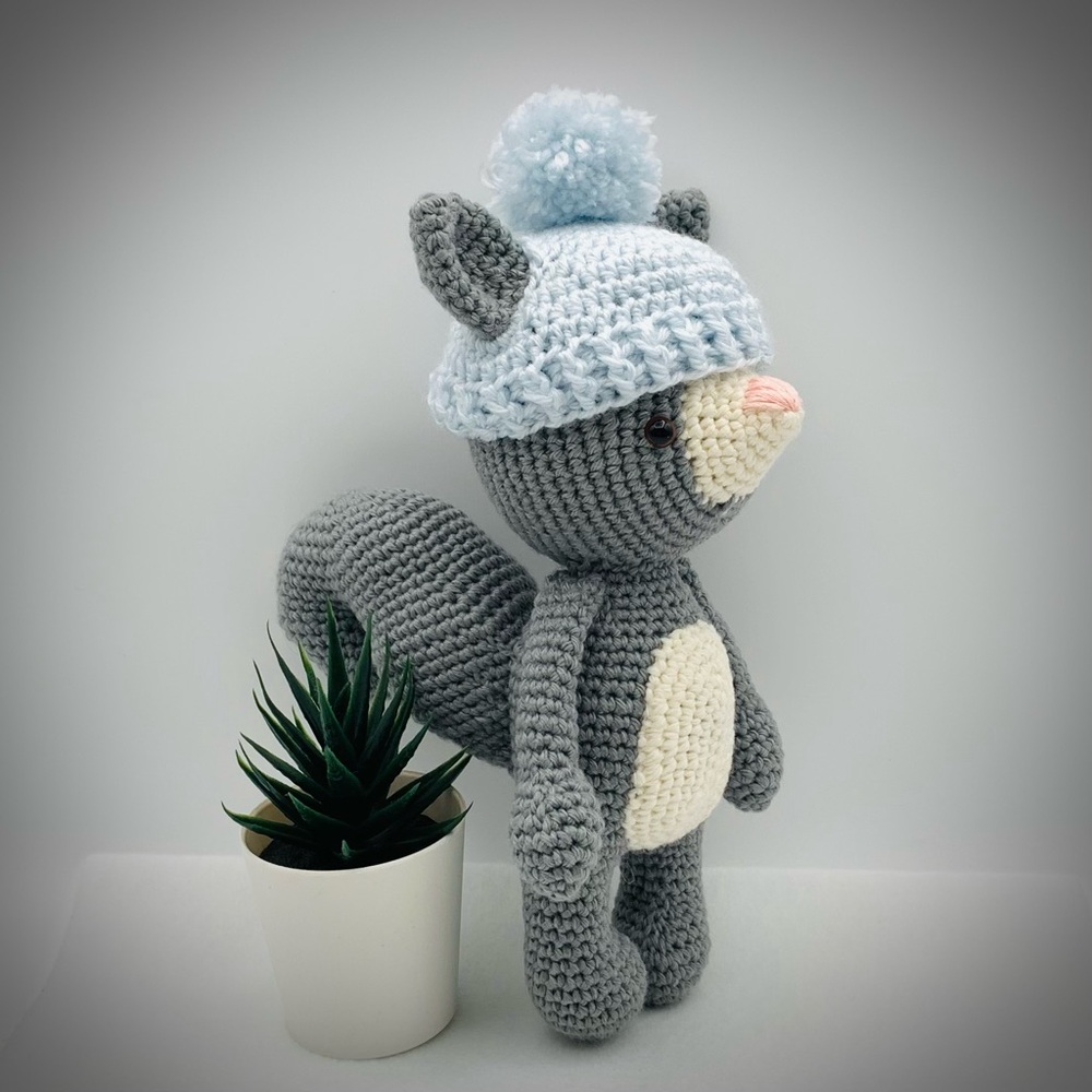 Handcrafted Crocheted Squirrel in Blue Beanie with Pom Pom